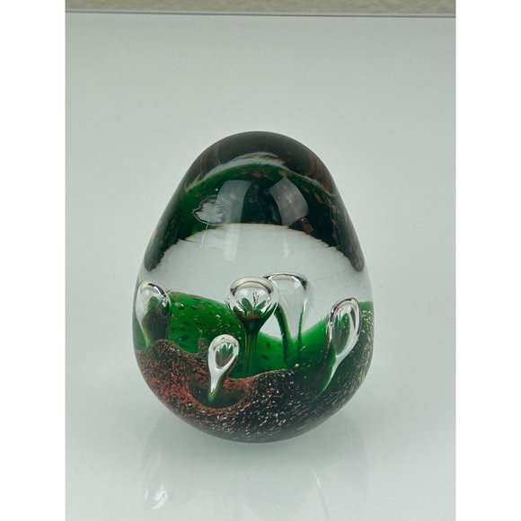 Art Glass Egg Shaped Paperweight Green Orange Controlled Bubble Office Decor - Picture 7 of 9